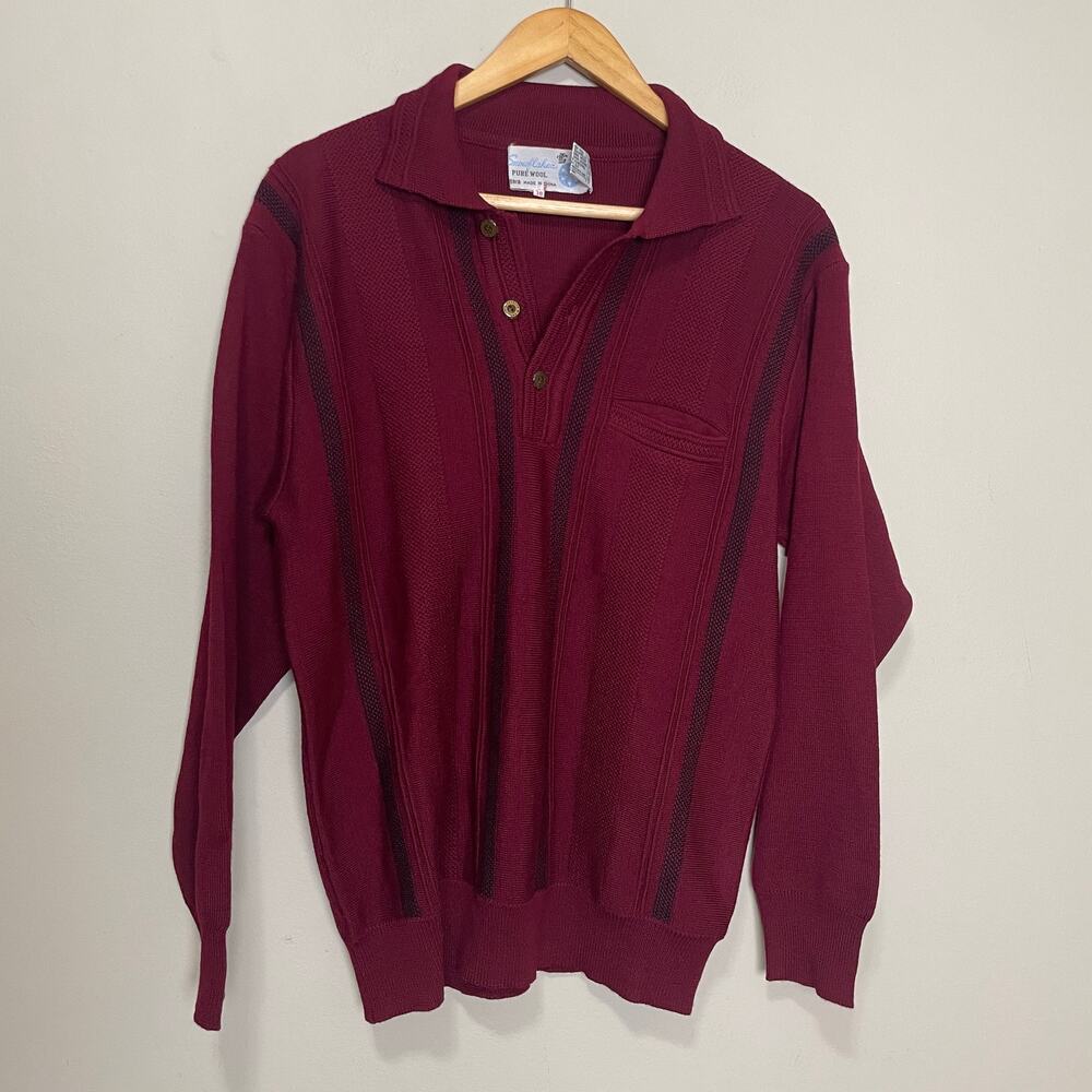Vintage 100% Wool Soft Collared Long Sleeve Sweater Half Button Burgundy Red 38